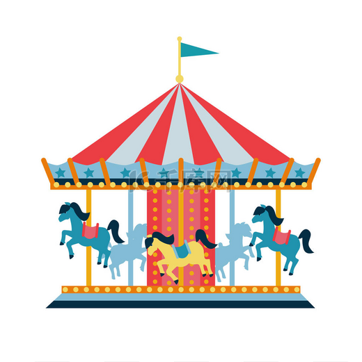 带着马匹或儿童旋转木马的旋转木马，游乐园，马戏团。白色背景上孤立的平面样式插图. 图片