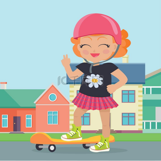 公园里戴着头盔的小女孩矢量公园里戴着头盔玩滑板的年轻女孩微笑的滑冰运动员戴着头盔在滑板上跳跃的女性角色运动器材平面图夏天的乐趣和健康的生活对于运动概念图片