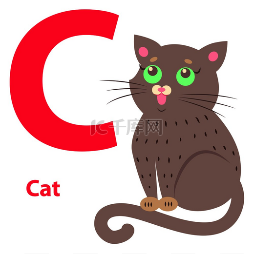 字母表矢量图和可爱的卡通猫与绿色的眼睛和孤立的白色背景上的大红色字母 C。 图片