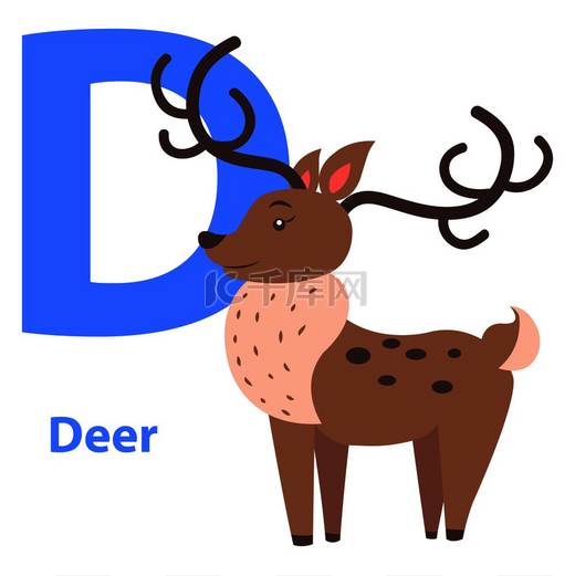 有趣的字母表与卡通动物蓝色字母 D 和白色背景上的棕色鹿。图片