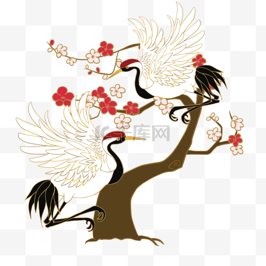 仙鹤在桃树下传统风格飞舞白色图片