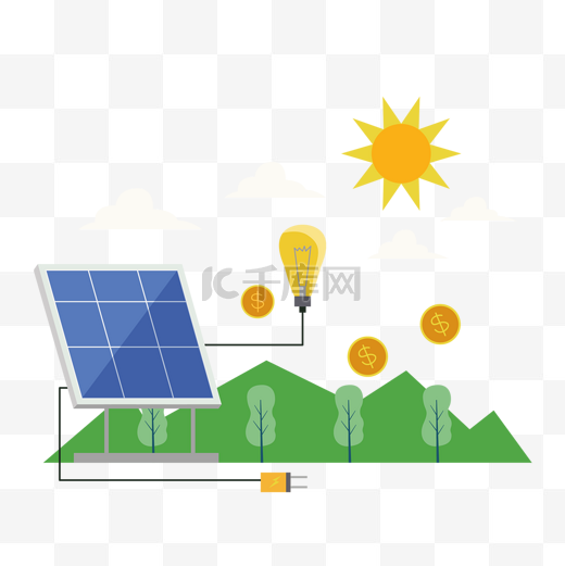 太阳能电池板硬币灯泡环保绿色能源概念插画图片
