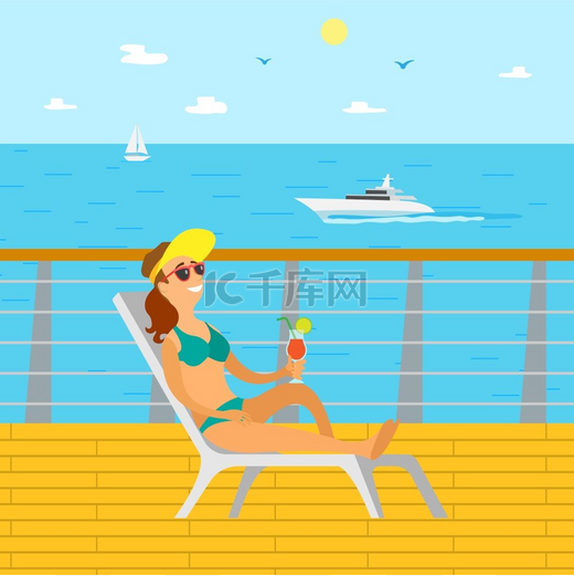 人向量的暑假，放松的女士戴着帽子在躺椅上晒日光浴。图片