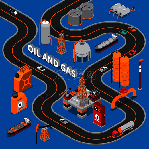 蓝色背景上的石油和天然气等距组成，带有各种运输、道路、工业设施、罐矢量图。图片