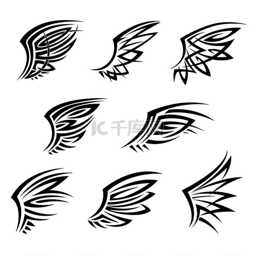 带有抽象装饰羽毛的黑色部落翅膀纹身恤印花或徽章的设计元素带有装饰羽毛的黑色部落纹身翅膀图片