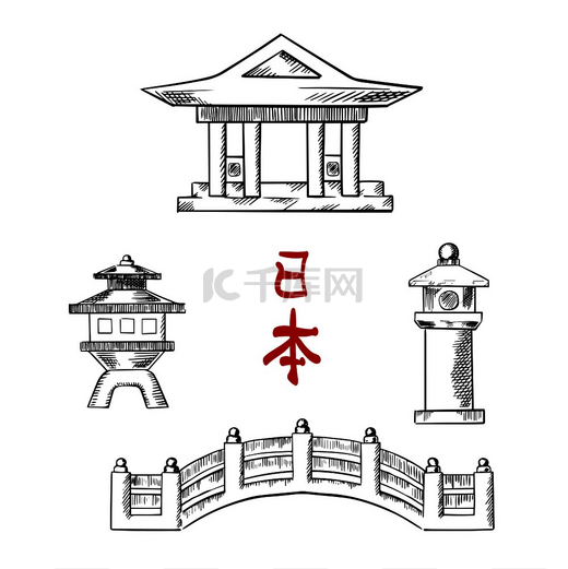 带有桥梁、寺庙和石灯笼的传统日本建筑图标。图片
