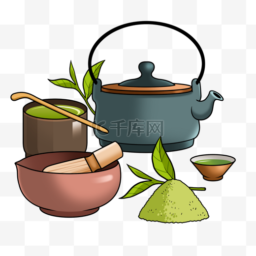 抹茶茶具日式插画风格 青色图片