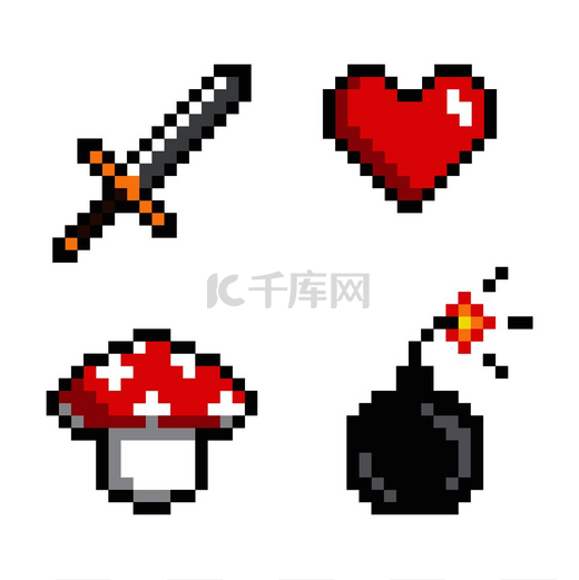 心脏和剑炸弹和有毒蘑菇的发光图标，带有像素图标的矢量插图，抽象模板，四个像素符号在白色上隔离。图片