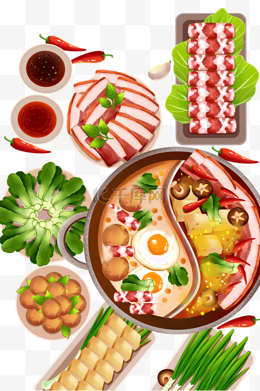 鸳鸯火锅麻辣鲜汤香菇肉片青菜肉卷图片