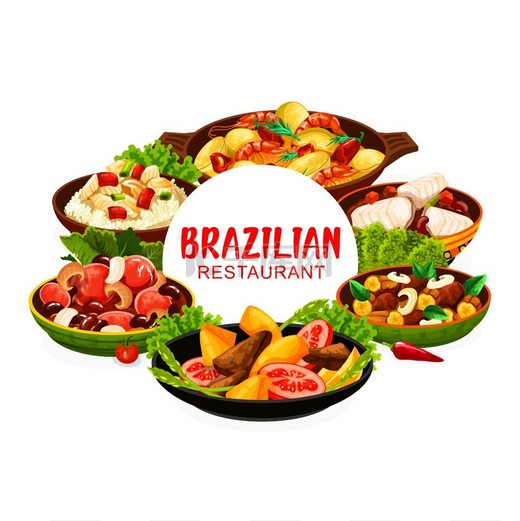 巴西美食豆和鱼炖巴卡尔豪墨西哥海鲜和肝脏配香蕉玉米汤和肉串巴西传统早餐午餐和晚餐矢量巴西餐厅菜单巴西美食图片