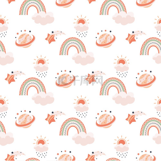彩虹婴儿图案阳光云朵和心形幼儿园壁纸可爱的儿童包装纸纺织品设计手绘幼稚的斯堪的纳维亚印花天气元素采用粉彩矢量无缝背景彩虹婴儿图案太阳云和心的苗圃墙图片