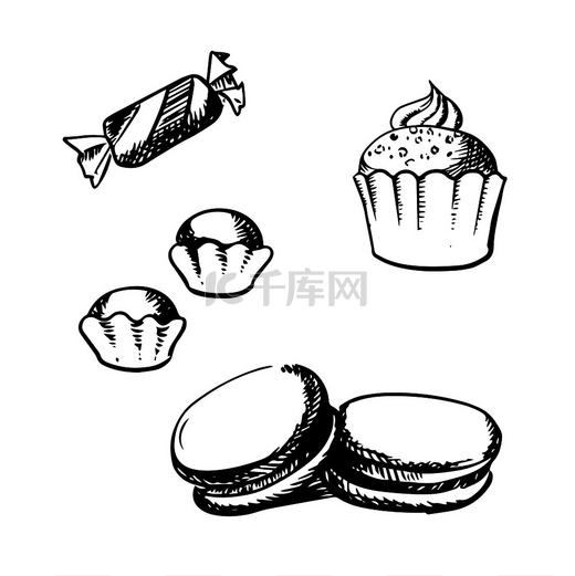 带鲜奶油的甜蛋糕、带香草奶油的马卡龙、巧克力松露和糖果，在素描风格的白色背景下被隔离。图片