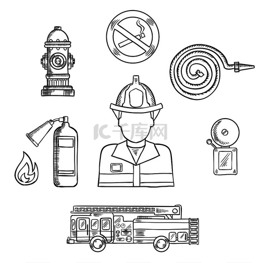 身穿防护头盔和制服的消防员，带有消防素描符号，如消防车、消防栓、灭火器、火警和禁烟标志。图片