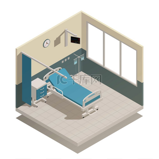 医院病房与医疗设备家具等距组合与床输液和房间分隔窗帘矢量图。图片