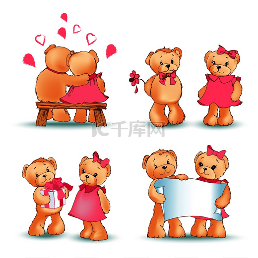 泰迪熊系列，恋爱中的情侣，带纸的人物，心形气球，礼物和信件，在矢量图上被隔离。图片