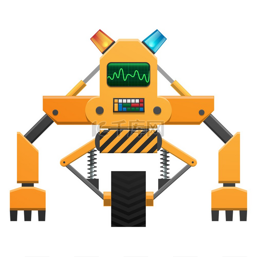 带有彩色按钮、指示器和轮子的大橙色机器人，用于白色背景上的运动隔离矢量插图。带有按钮和指示器插图的机器人图片