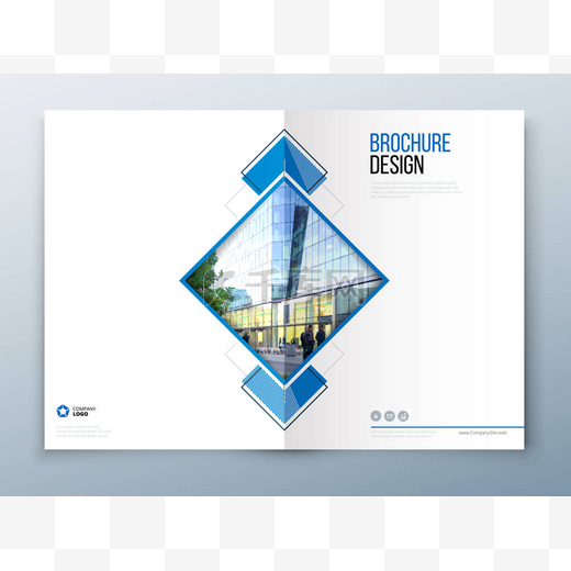 封面的小册子模板设计。深蓝色。公司业务年度报告，目录，杂志，传单样机。现代创意广场、 rombs 与城市风格的照片.图片