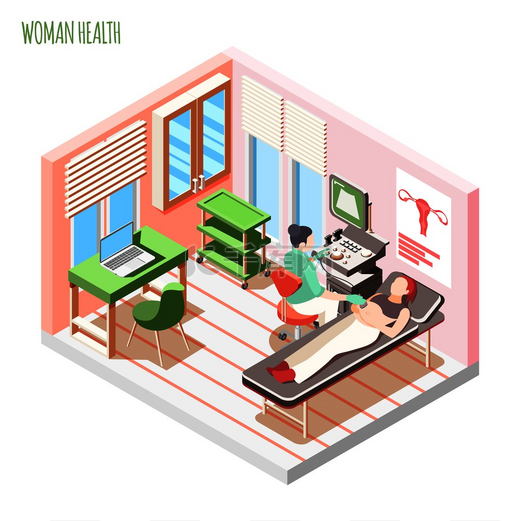 女性健康等距组合与女医生和女性在超声检查期间躺在沙发上 向量例证图片