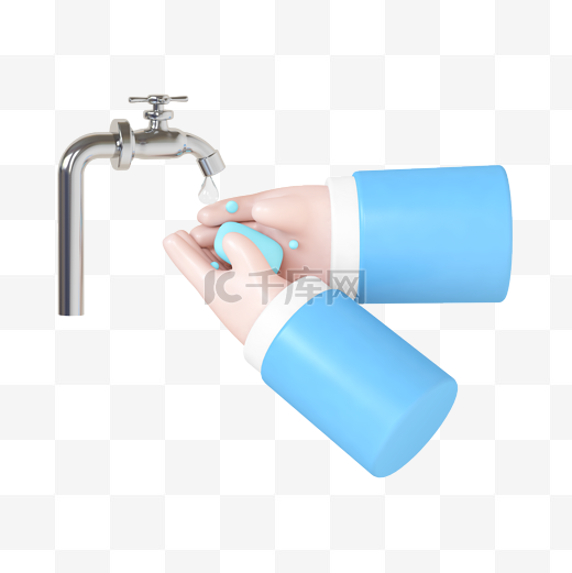 C4D立体蓝色3D防疫水龙头肥皂洗手图片