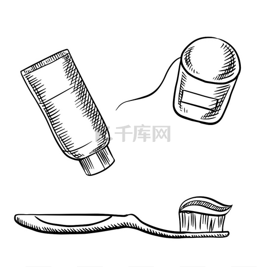 牙膏管、牙刷和牙线素描图标，用于口腔卫生或牙科主题设计。牙膏、牙刷和牙线图片