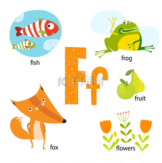矢量插图教学儿童英语字母表与卡通动物和对象。字母