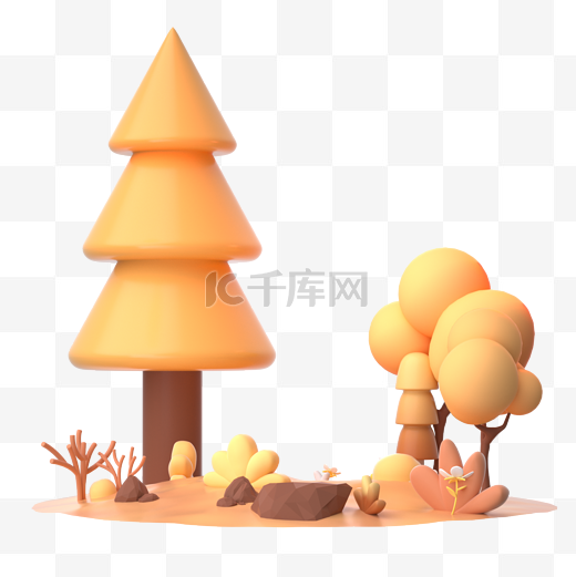 3D卡通立体秋日森林植物场景免抠图图片
