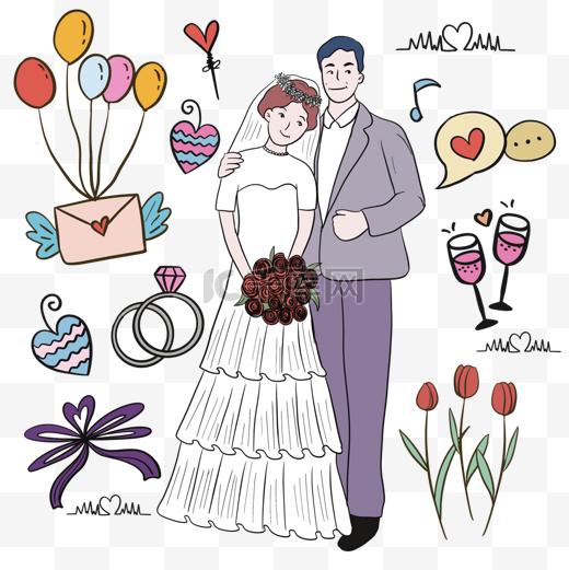 气球信封卡通婚礼插画图片