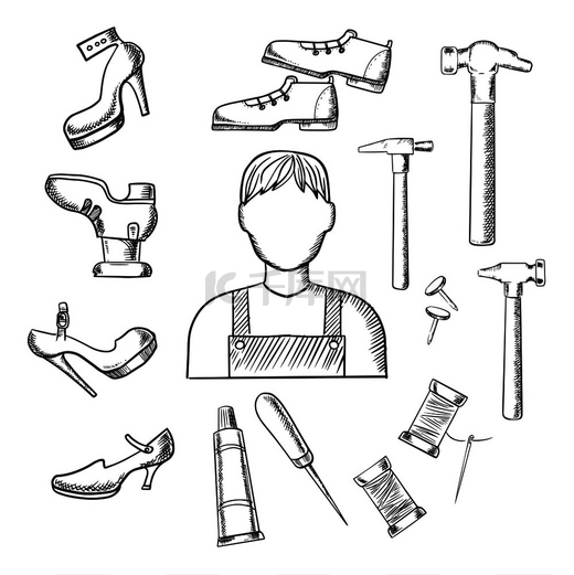 鞋匠行业素描图标描绘了鞋匠用锥子、鞋跟、锤子、胶水、钉子和鞋子。图片