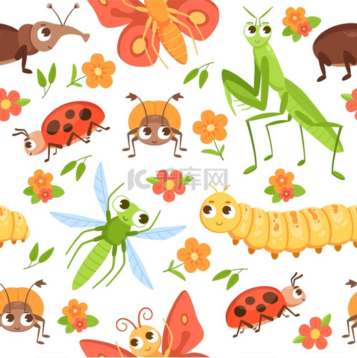 卡通虫图案无缝印花可爱的昆虫角色和花朵蝴蝶和甲虫脸上洋溢着幸福夏季花园爬行动物的背景有趣的象甲和螳螂矢量纹理卡通虫图案昆虫特征无缝印花图片