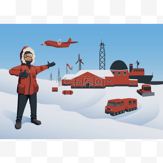 南极和北极, 向量例证。研究站的极地探险家。近海石油生产。矢量插图.图片