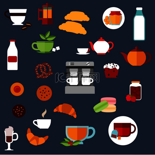 早餐食品和饮料平面图标，包括羊角面包、蛋糕、咖啡机和茶壶、牛奶瓶、饼干、热饮杯、蛋白杏仁饼干、蜂蜜和果酱罐、椒盐卷饼。图片