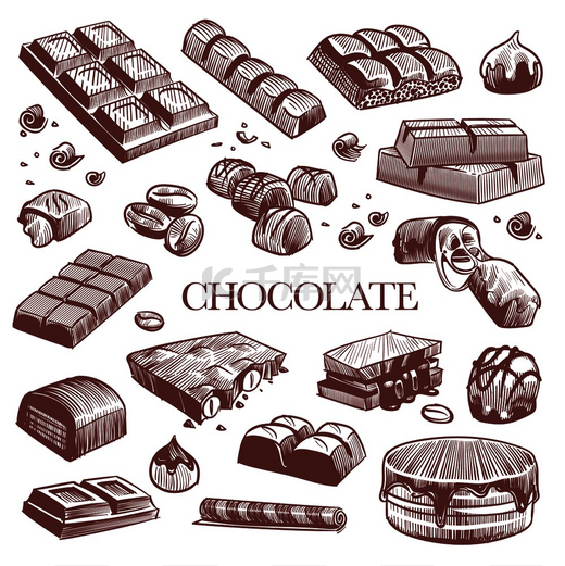 巧克力素描雕刻黑巧克力棒松露糖果和咖啡豆复古手绘孤立雕刻甜点矢量集巧克力素描雕刻黑巧克力棒松露糖果和咖啡豆复古手绘隔离向量图片