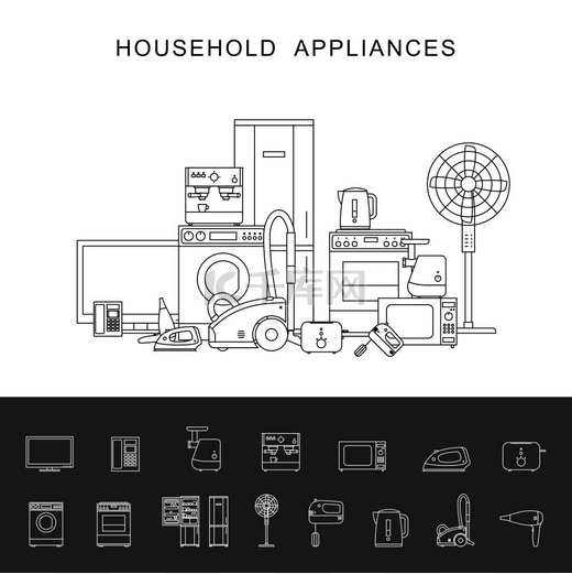 家用电器线图。家用电器横幅与矢量线图标微波炉、咖啡机、洗衣机等。图片