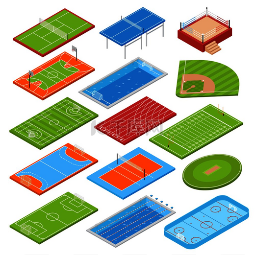 体育俱乐部足球场等距图标集合与篮球网球场拳击环游泳池矢量图。图片