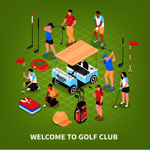 高尔夫俱乐部概念与游戏和竞争符号等距矢量图。图片