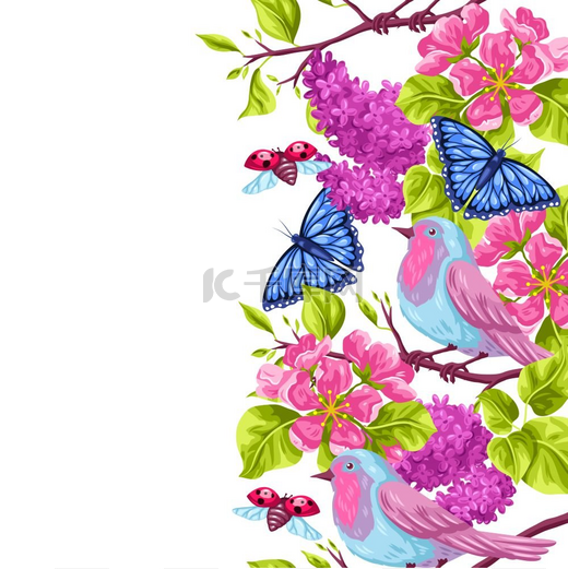 春季花园无缝图案花朵知更鸟和蝴蝶的自然插图春季花园无缝图案花朵知更鸟和蝴蝶的自然插图图片