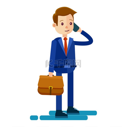 穿着蓝色西装、红色领带和棕色公文包的卡通商人通过电话与白色背景隔离。图片