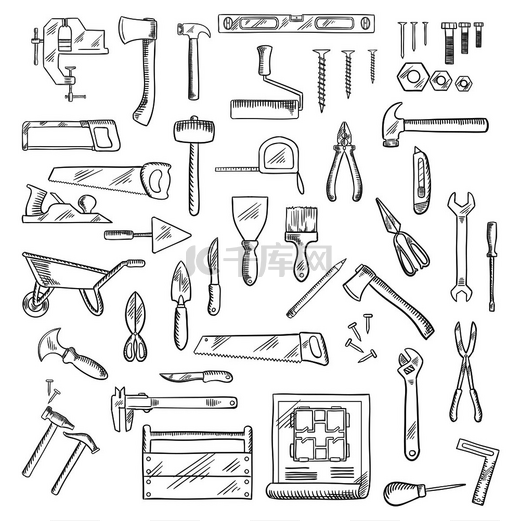锤子和斧头、锯子和扳手、螺丝刀和剪刀、抹子和抹刀、画笔和滚筒、刀和紧固件、钳子和工具箱、蓝图、手推车和尺子的建筑手工工具图标。图片