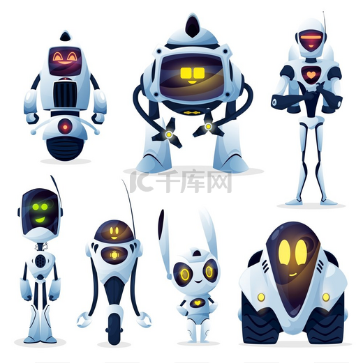 机器人和安卓机器人、卡通玩具角色、矢量 AI 机器人。图片