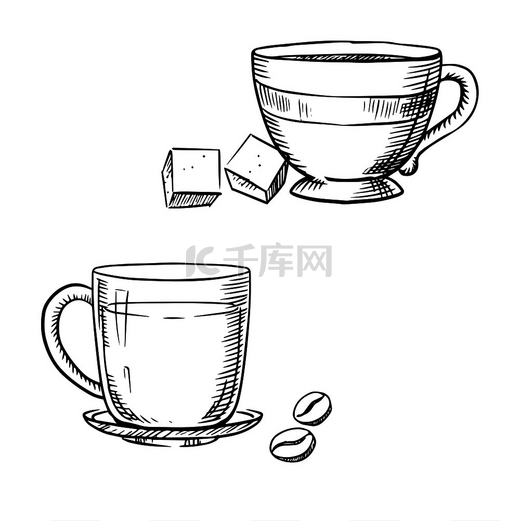优雅的瓷器和玻璃杯咖啡和茶，配糖块和烤咖啡豆，隔离在白色背景上，勾勒出素描风格。图片