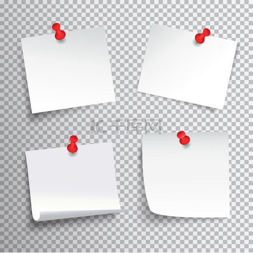 钉扎纸套装透明背景上钉有红色图钉的空白白纸套装逼真的孤立矢量插图图片