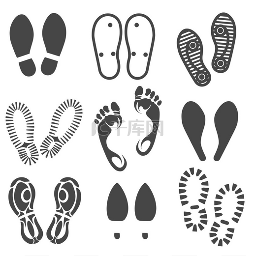 脚印和鞋子印花套装白色印花足迹和鞋印矢量集图片