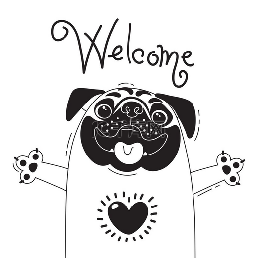 插图中快乐的哈巴狗说欢迎用于设计有趣的头像海报和卡片可爱的动物插图中快乐的哈巴狗说欢迎用于设计有趣的头像海报和卡片矢量中的可爱动物图片