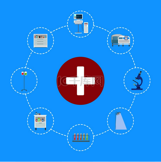 医疗保健标志红色上有白色十字周围是医院设备的圆形框架带有蓝色医护人员图标的矢量插图医疗保健符号图标矢量插图图片