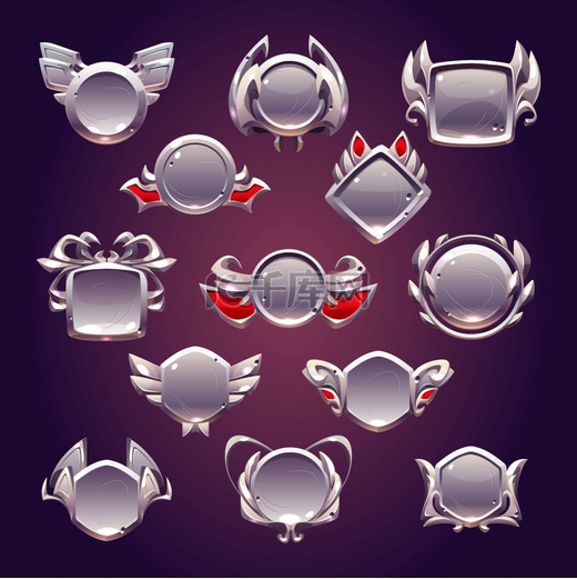 游戏级金属 ui 图标、空银或钢制徽章、带翅膀的横幅、宝石或月桂花环。图片