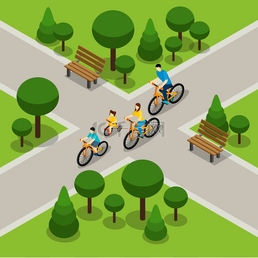 城市公园自行车家庭等轴测横幅 图片