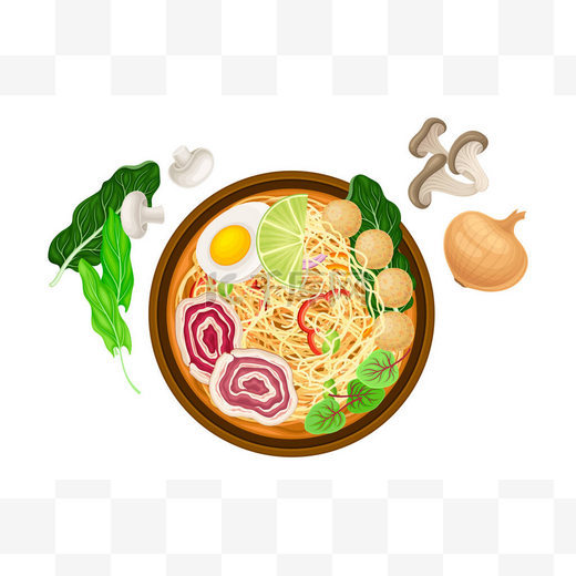 带有面条和肉丸子的肉汤或汤，如亚洲风味汤，在以上碗中食用。图片
