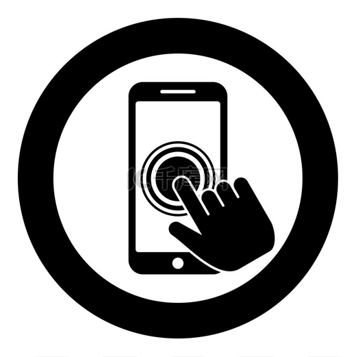 点击触摸屏智能手机现代智能手机用手点击屏幕手指点击手机应用程序手机中的动作使用圆圈黑色矢量插图平面样式简单图像中的电话图标。图片