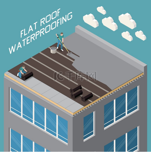 聚合物沥青胶泥和橡胶梯度绝缘的平屋顶防水特写等距合成矢量图图片