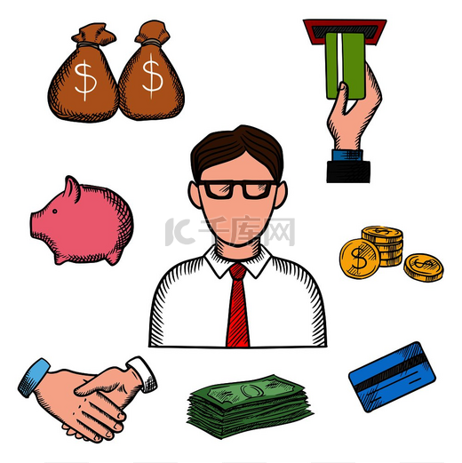 银行家职业图标与眼镜商人和金融图标，如钱袋、ATM 和信用卡、握手和存钱罐、美元硬币和钞票。图片